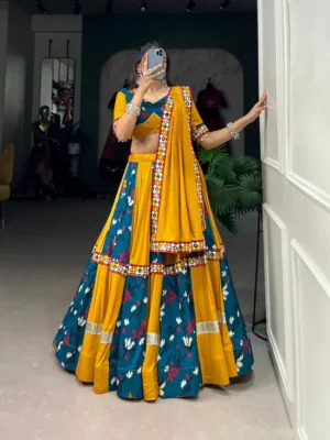 Cultural Dividend Mustard Yellow & Teal Printed Chaniya Choli – Festival Wealth Edition