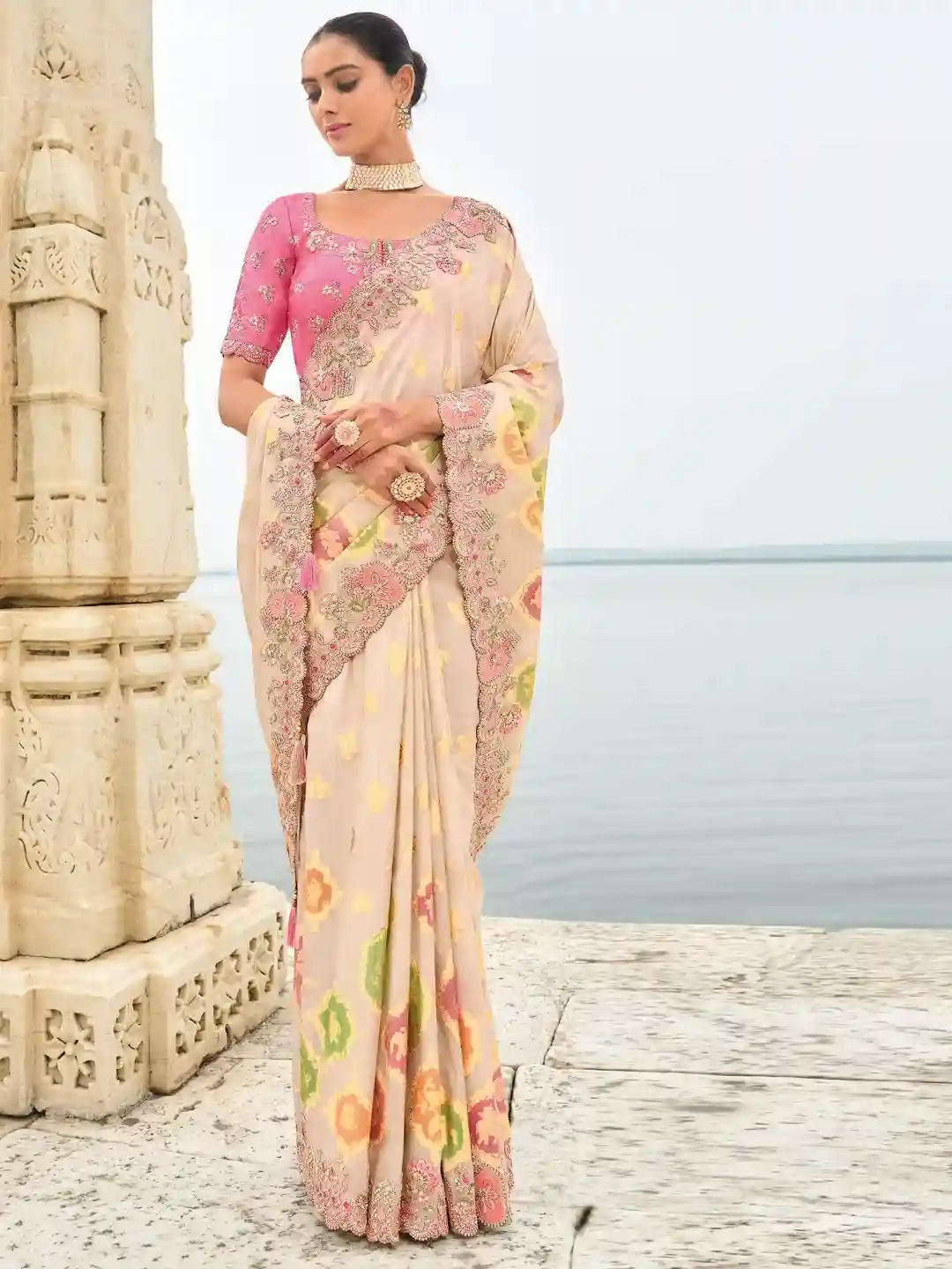 Cream & Pink Floral Zari Embroidered Silk Saree - Image 2