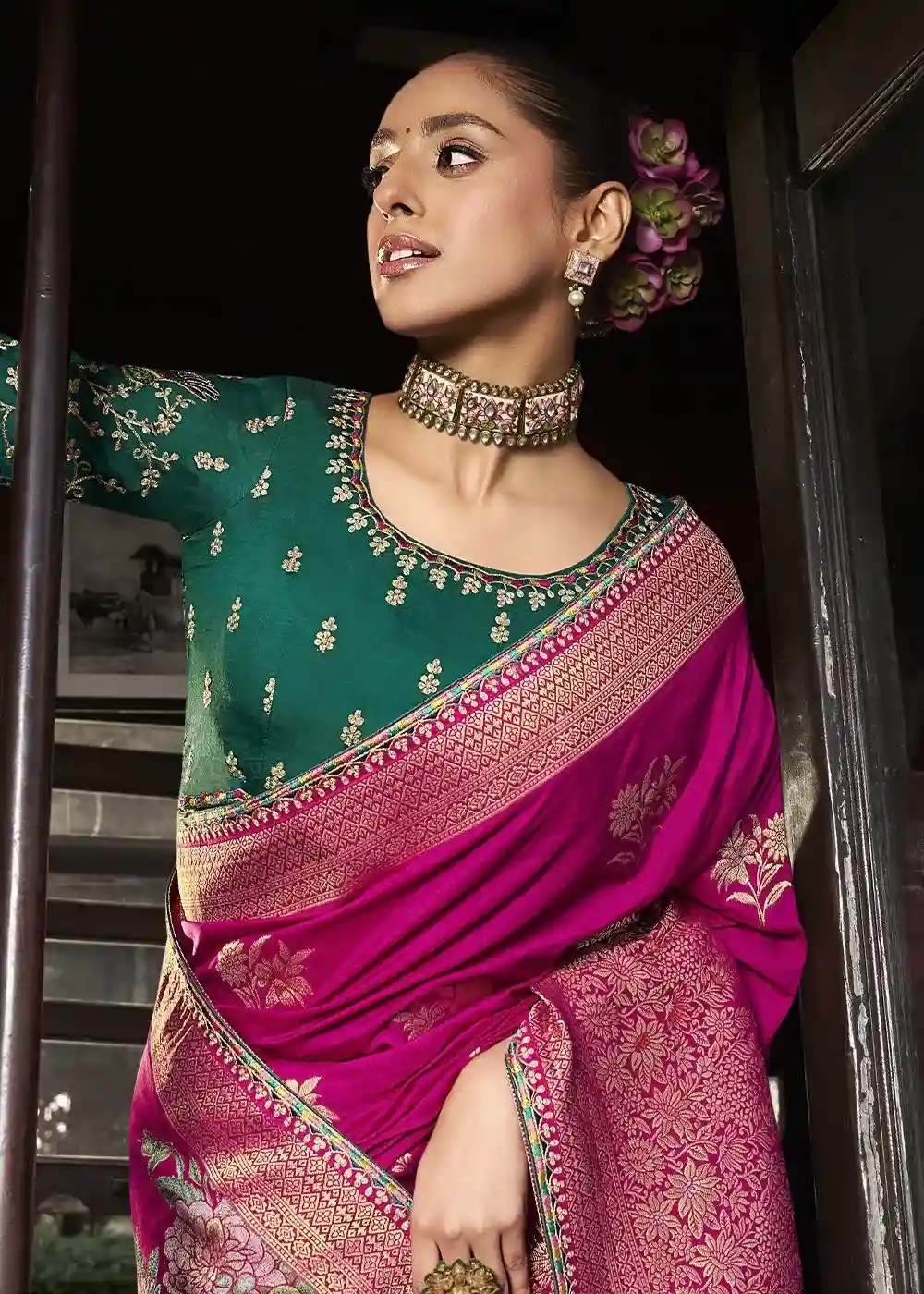 Pink & Green Floral Zari Embroidered Silk Saree - Image 2