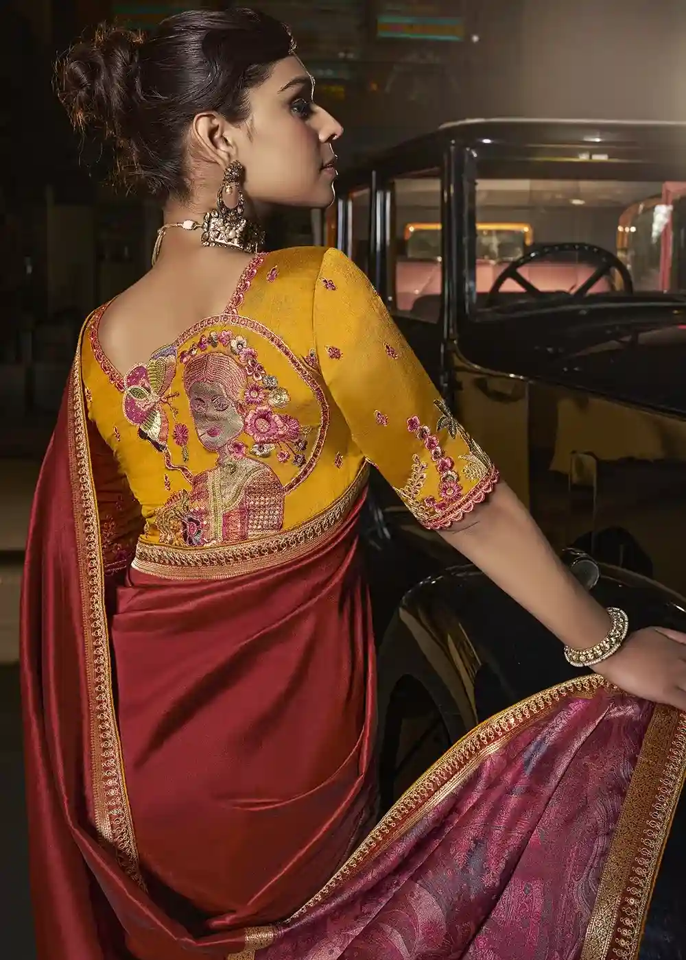 Red & Gold Zari Silk Saree with Yellow Embroidered Blouse - Image 2
