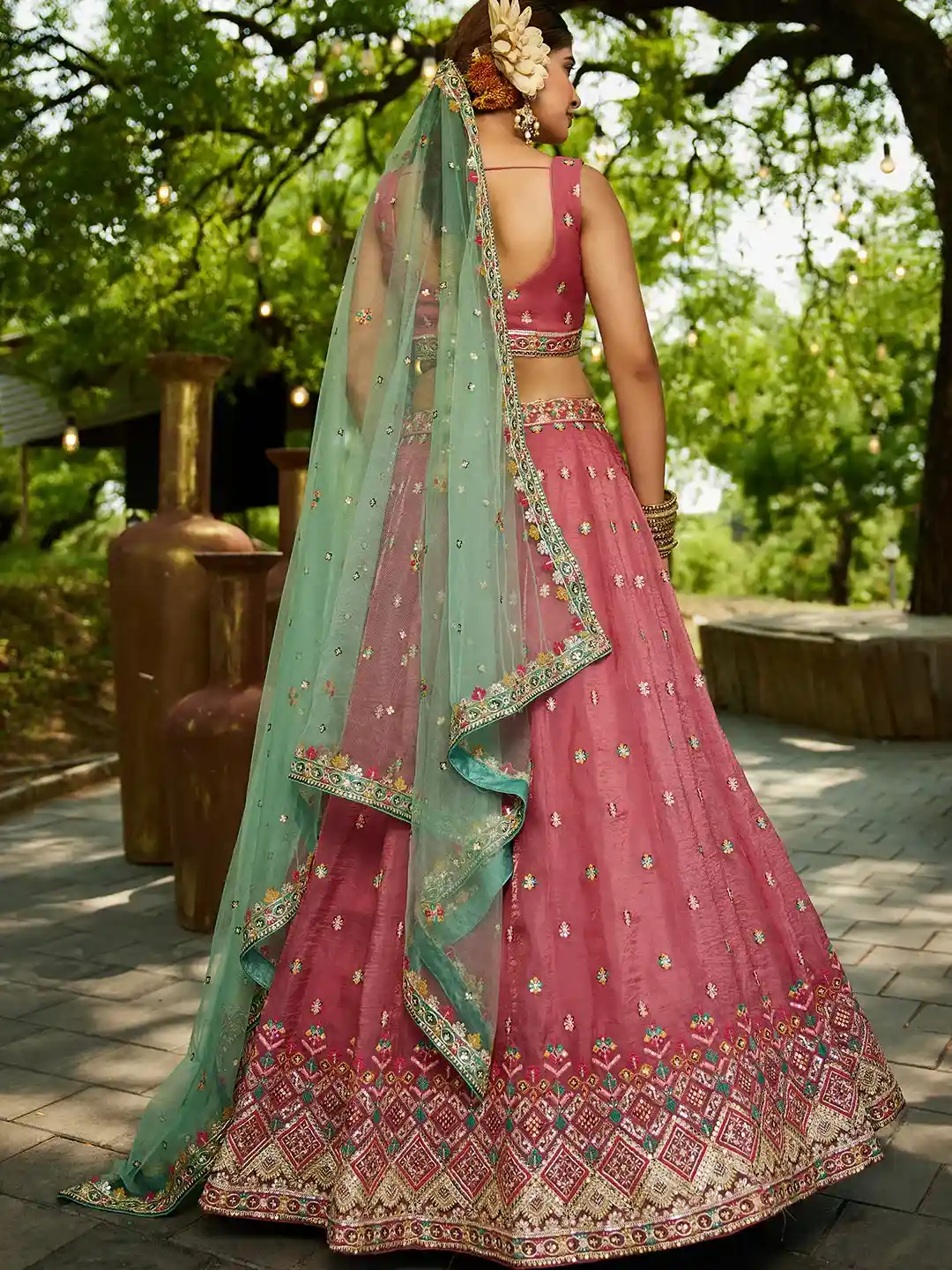 Pink Embroidered with Mint Green Dupatta – Traditional Royalty Redefined - Image 4