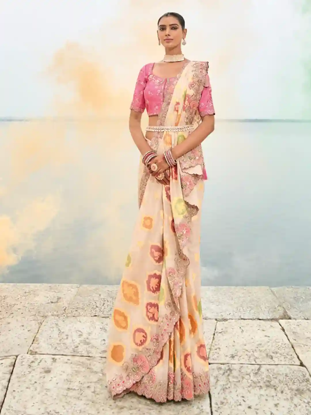 Cream & Pink Floral Zari Embroidered Silk Saree - Image 3