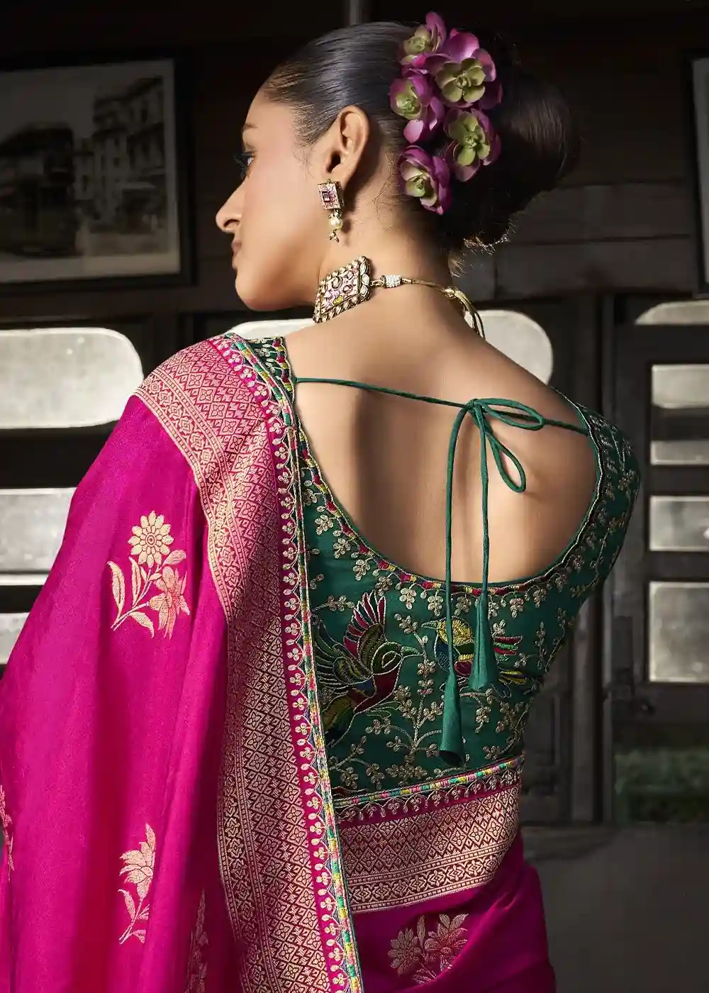 Pink & Green Floral Zari Embroidered Silk Saree - Image 3