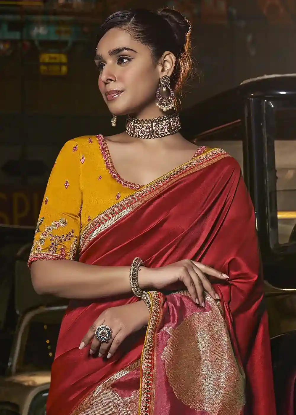 Red & Gold Zari Silk Saree with Yellow Embroidered Blouse - Image 3