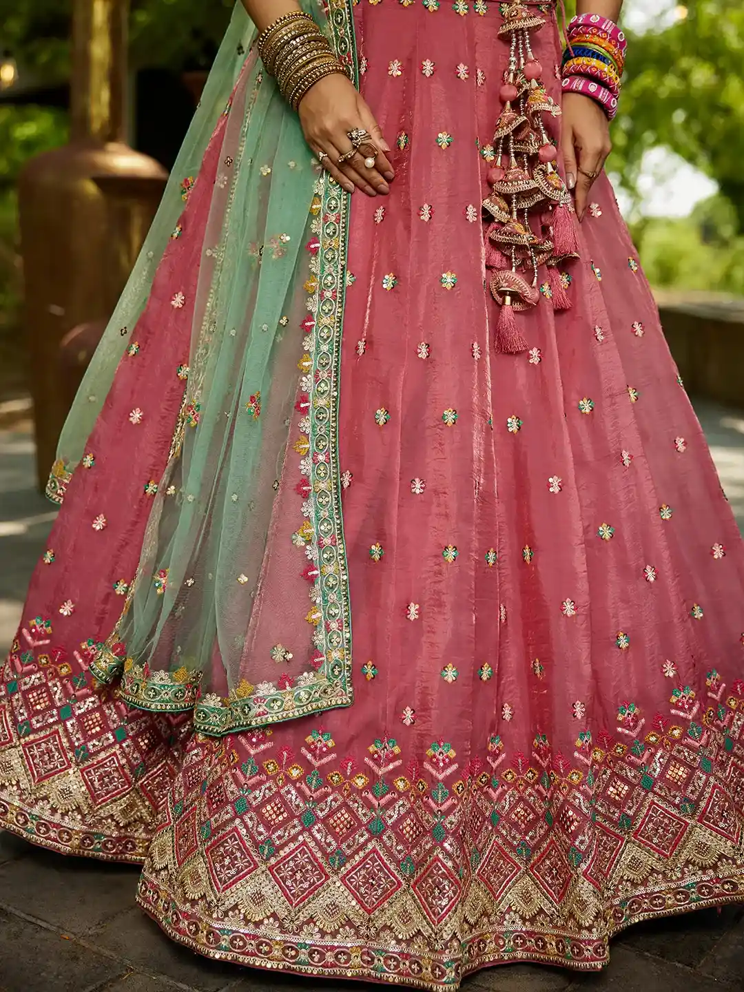 Pink Embroidered with Mint Green Dupatta – Traditional Royalty Redefined - Image 6