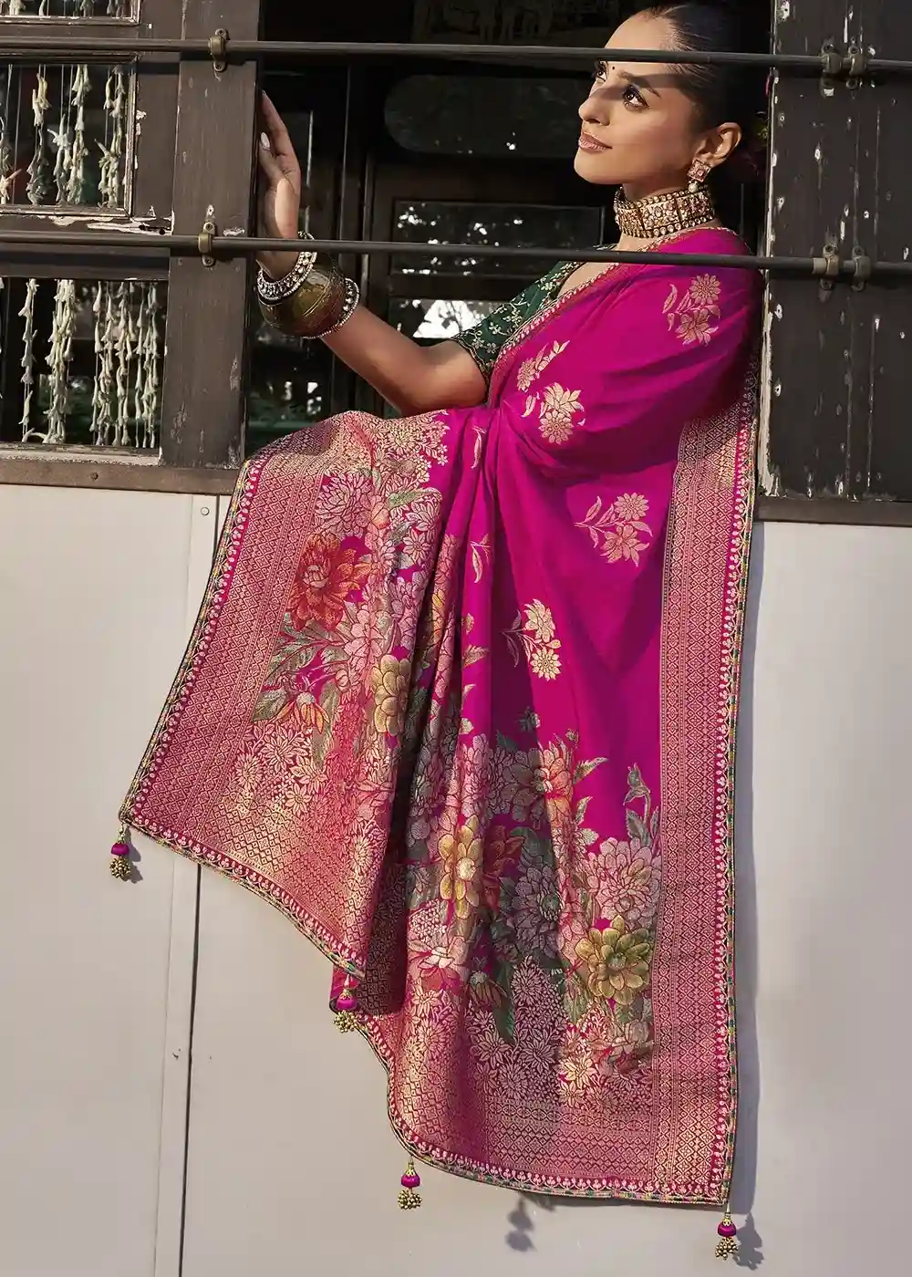 Pink & Green Floral Zari Embroidered Silk Saree - Image 4