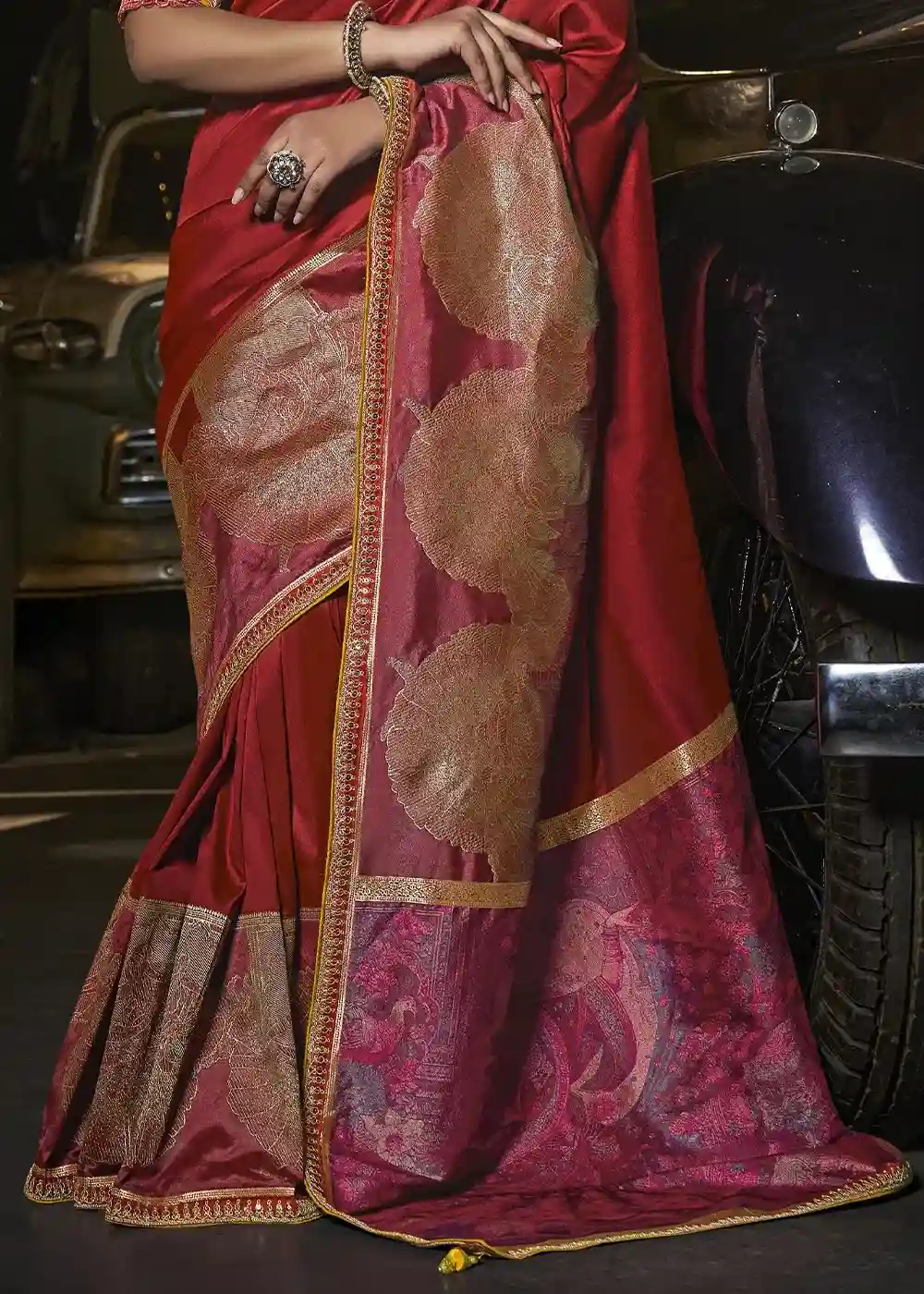 Red & Gold Zari Silk Saree with Yellow Embroidered Blouse - Image 4