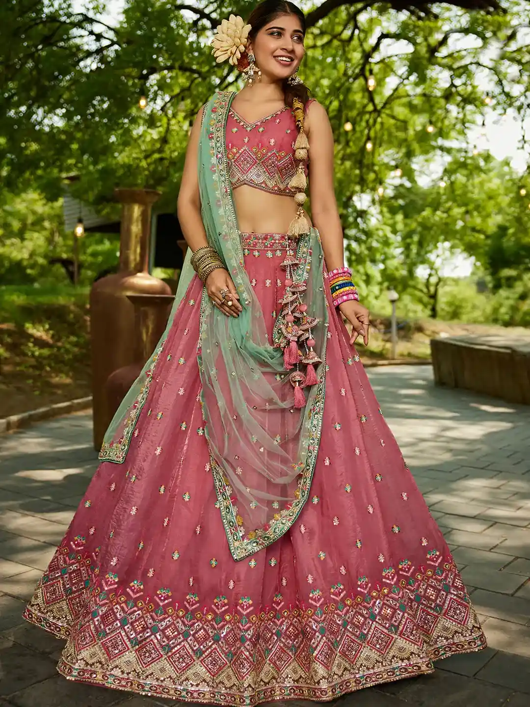 Pink Embroidered with Mint Green Dupatta – Traditional Royalty Redefined - Image 5