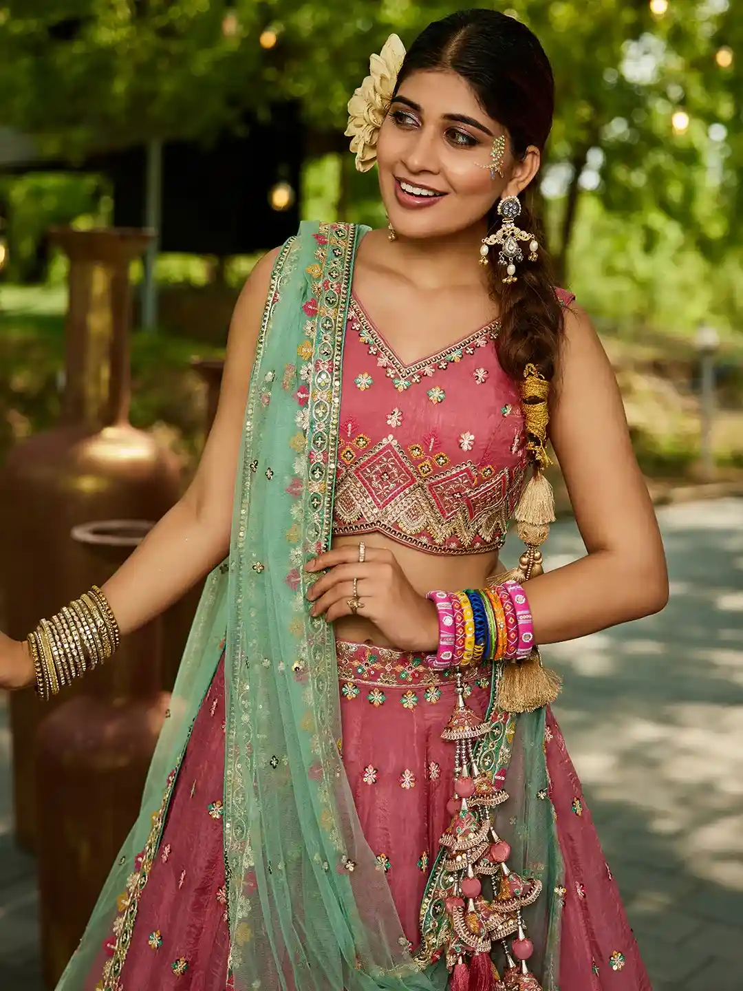 Pink Embroidered with Mint Green Dupatta – Traditional Royalty Redefined - Image 2