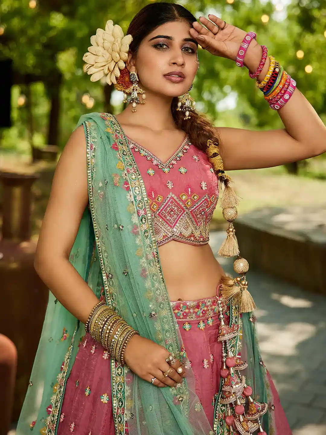 Pink Embroidered with Mint Green Dupatta – Traditional Royalty Redefined - Image 3