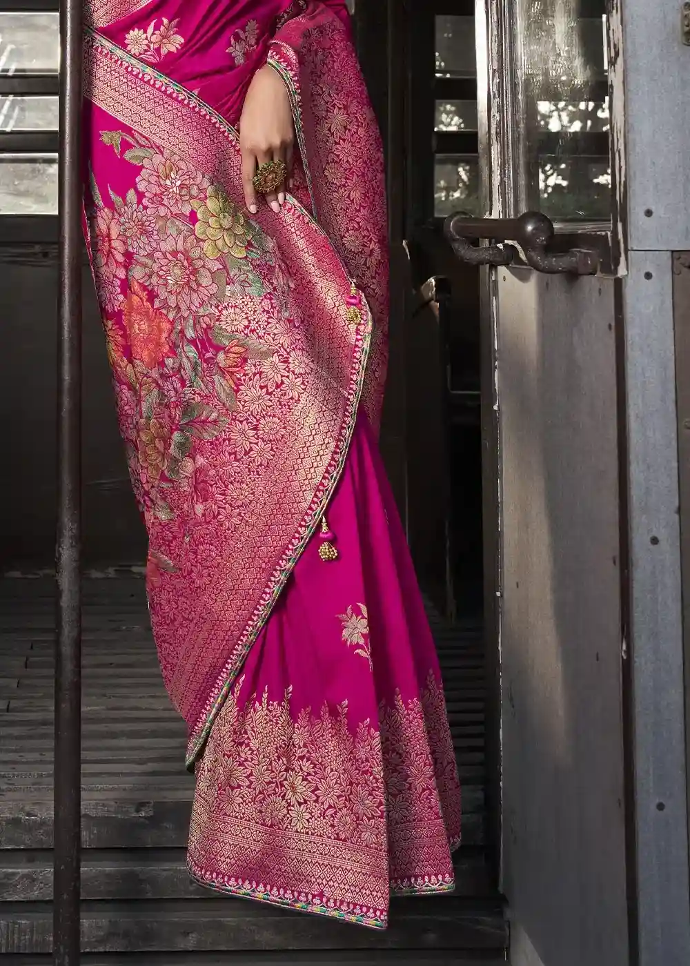 Pink & Green Floral Zari Embroidered Silk Saree - Image 6