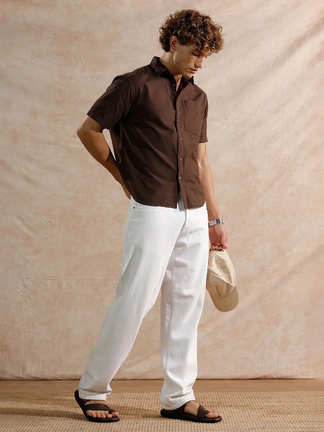 Men’s Solid Coffee Brown Casual Short Sleeve Shirt - Image 2