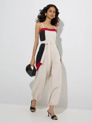 Powerline Colorblock Belted Jumpsuit – Ecru