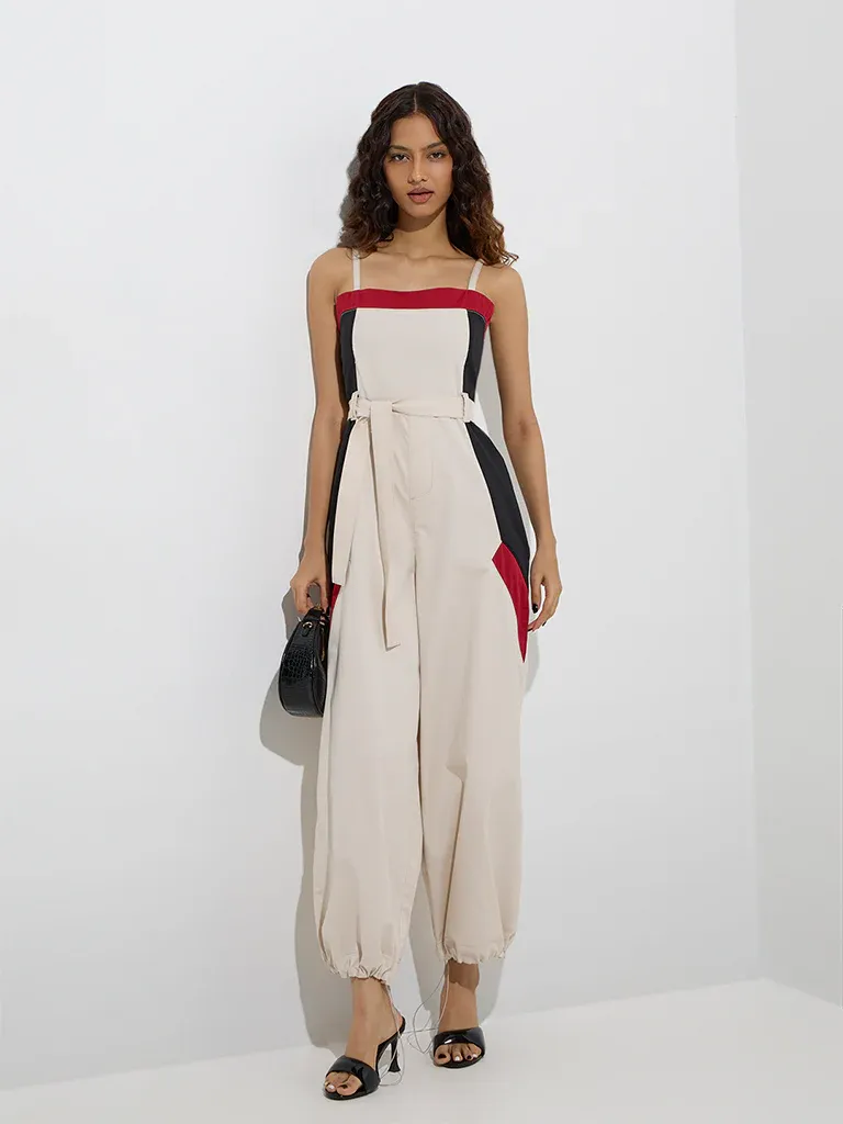 Powerline Colorblock Belted Jumpsuit – Ecru - Image 3
