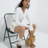 Women’s White Long-Sleeve V-Neck Knot Front Crop Top – Chic Minimalism with a Modern Twist