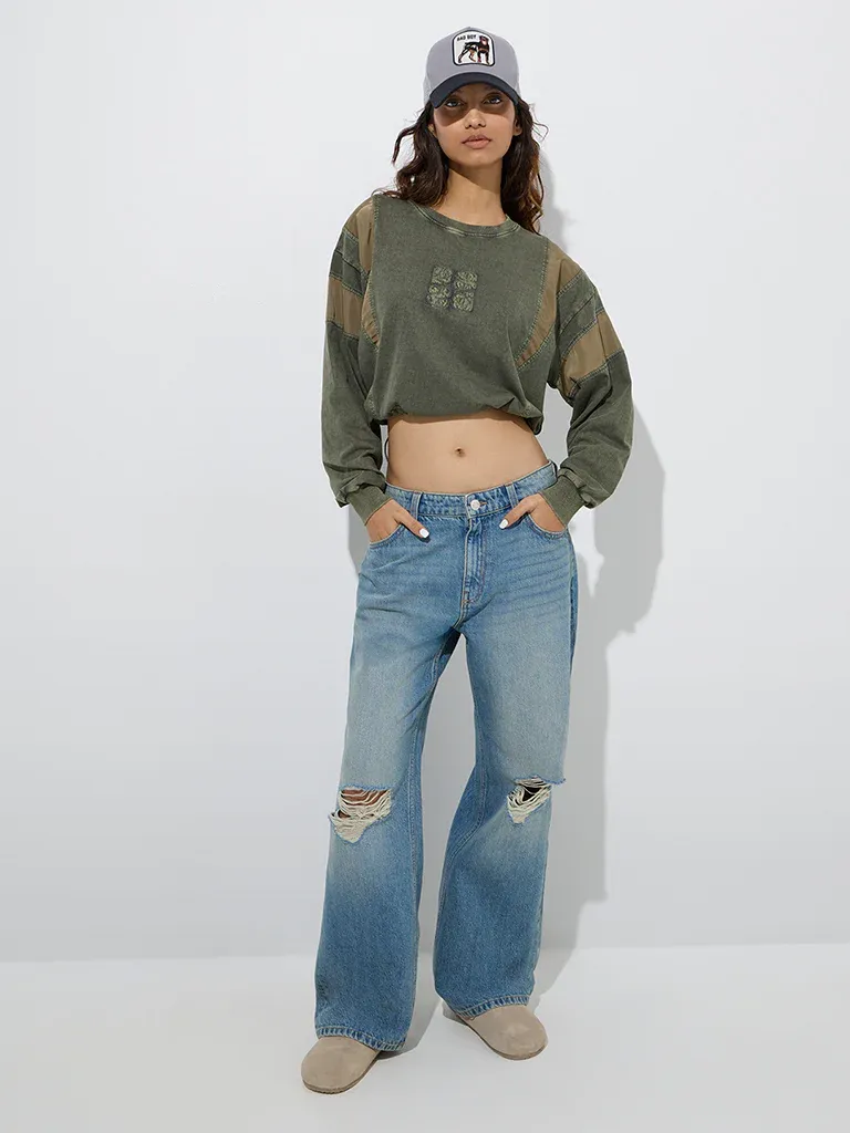 Women’s Olive Patchwork Cropped Long-Sleeve T-Shirt