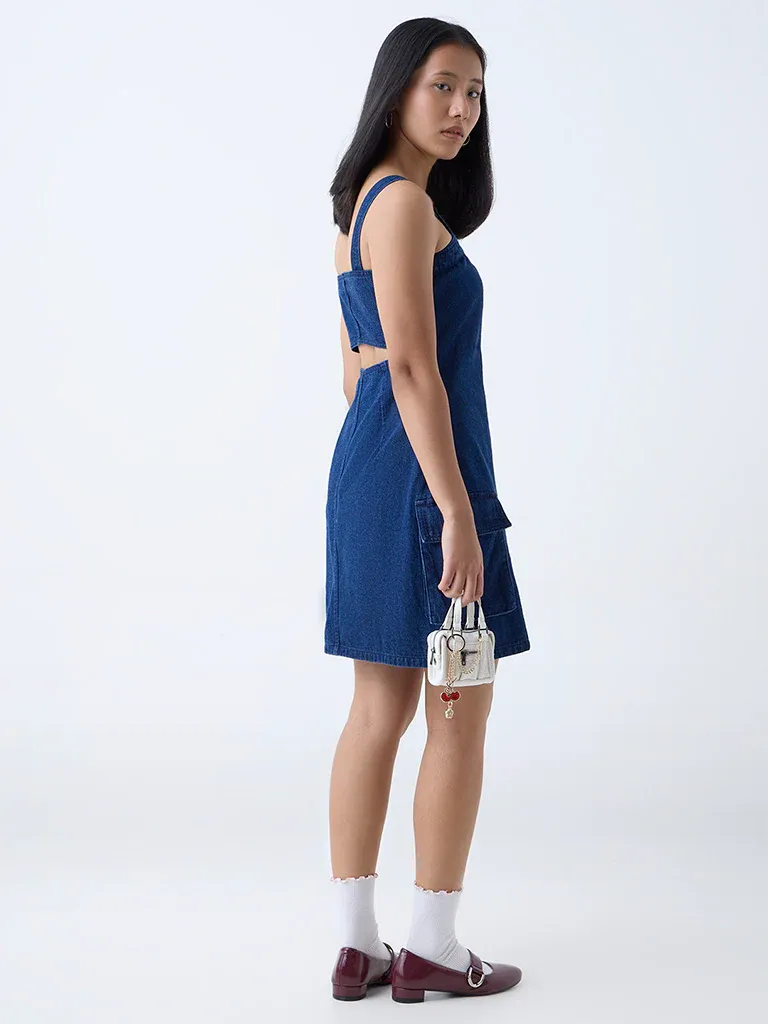 Dark Blue Denim Button-Down Mini Dress with Utility Pockets - Image 4