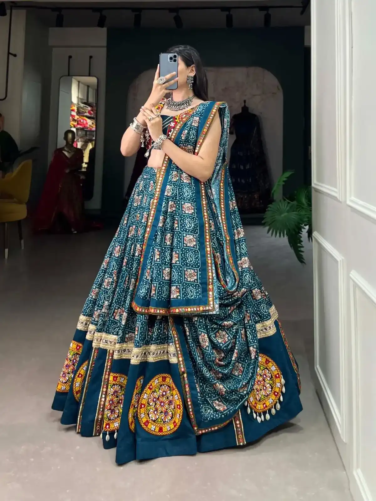 Traditional Navy Blue Bandhani Chaniya Choli with Mirror Work Embellishments - Image 3