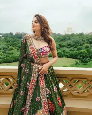 Green Mirror Work Embroidered Navratri Lehenga Choli Set with Designer Dupatta