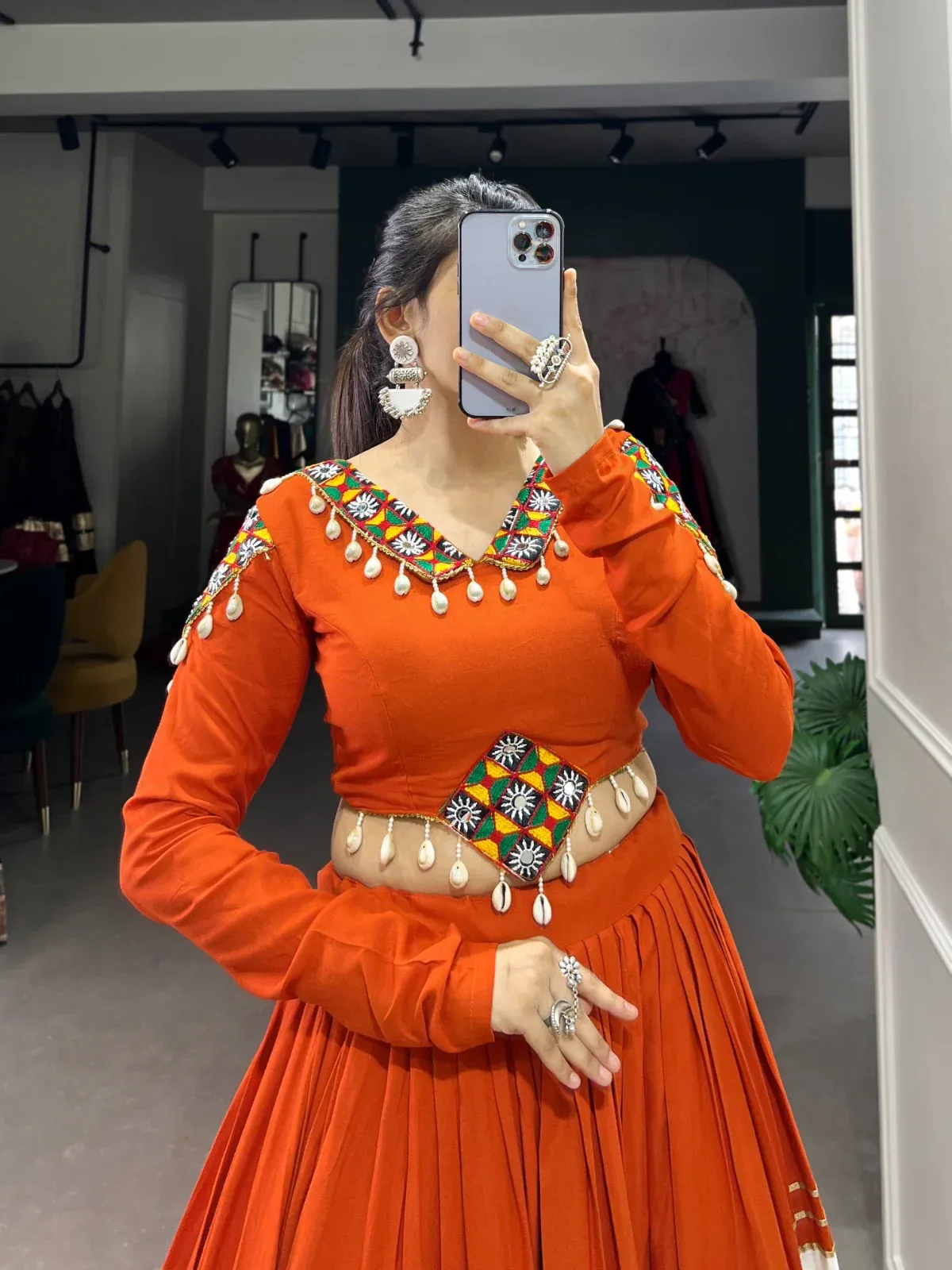 Designer Orange & White Chaniya Choli with Mirror & Thread Embroidery - Image 3