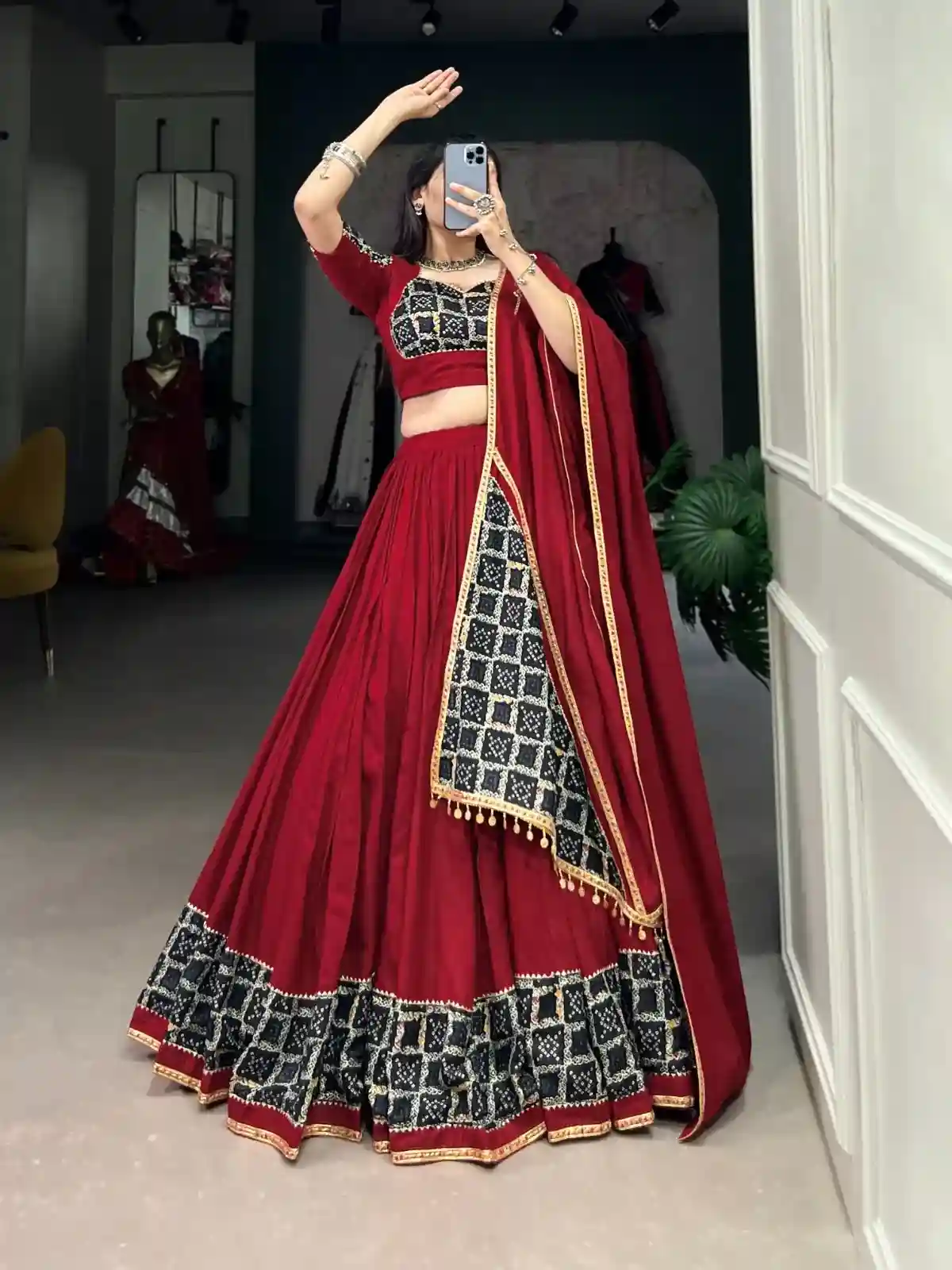 Mehendi Ruby Chaniya Choli – Vibrant Contrast, Timeless Grace - Image 3