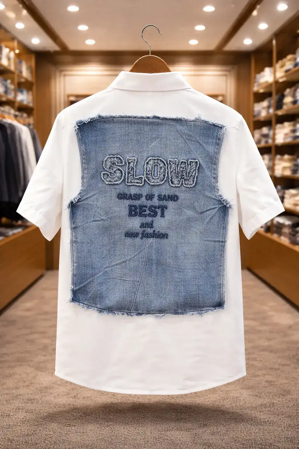 Men’s Designer White Shirt – Denim Patchwork Statement Style - Image 2