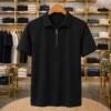 Men’s Comfort Fit Solid Polo T-Shirt – Black Half Sleeve Zip Neck