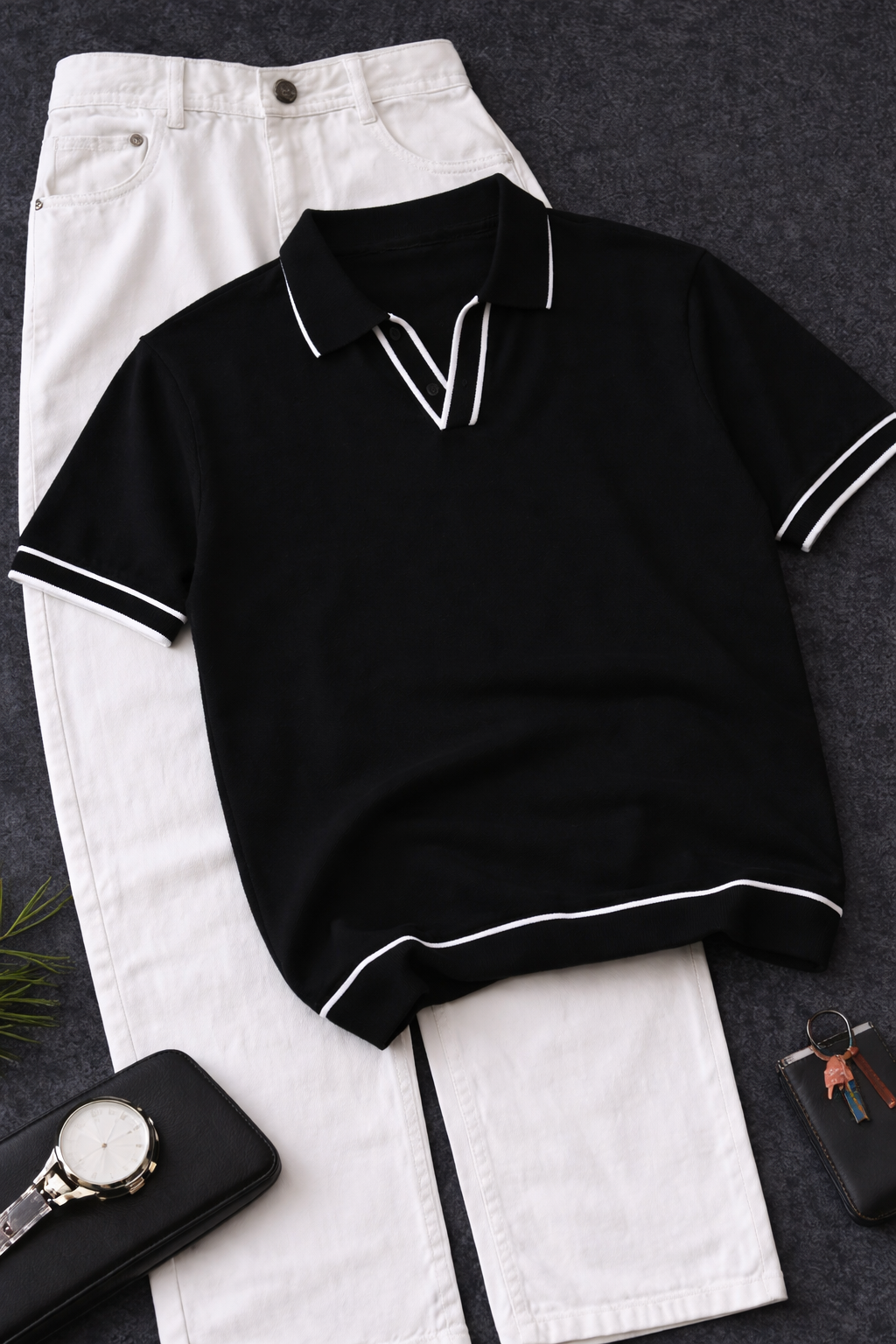 Men’s Black Polo T-Shirt & White Trousers Combo – Minimal Smart Casual Look