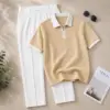 Premium Beige Textured Zip-Polo and Tailored White Trousers Set