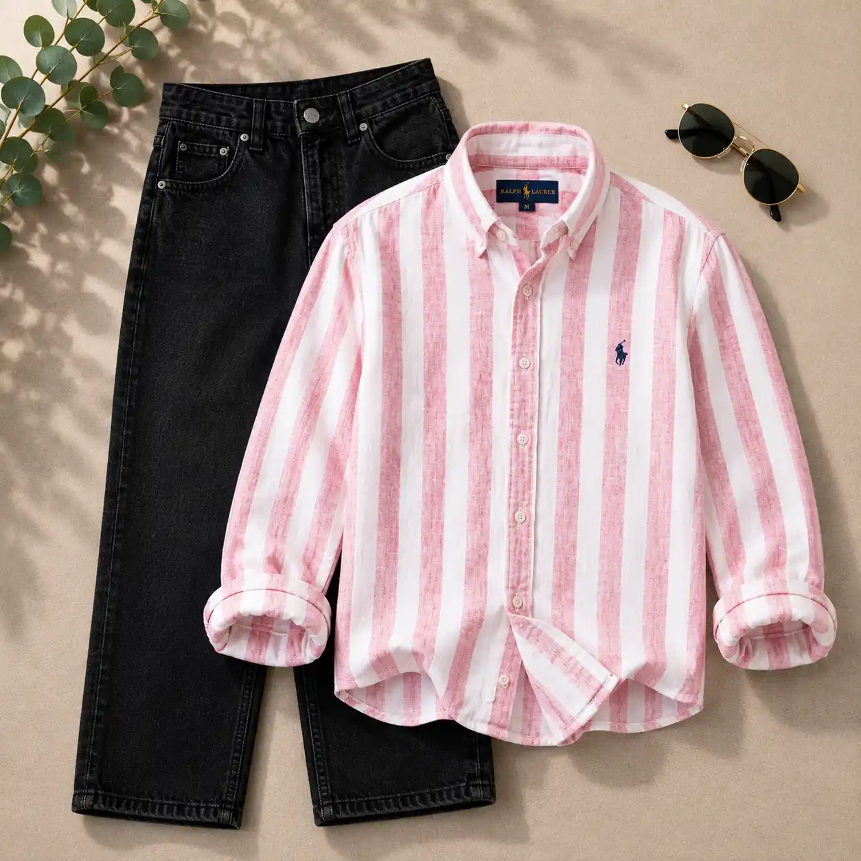 Vibrant Pink Striped Oxford Shirt and Black Jeans Combo - Image 5