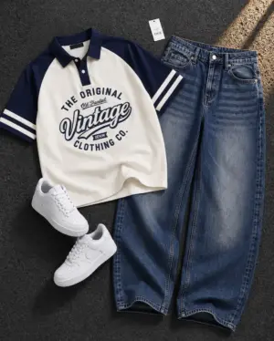 Men’s Vintage Graphic Polo T-Shirt with Blue Baggy Jeans Combo | Casual Streetwear Outfit for Men