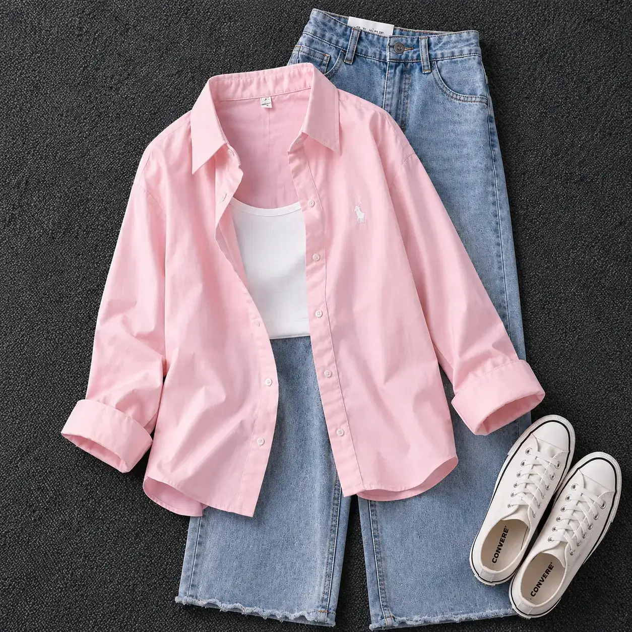 Minimalist White Button-Down Shirt and Light Wash Blue Jeans Set - Image 4