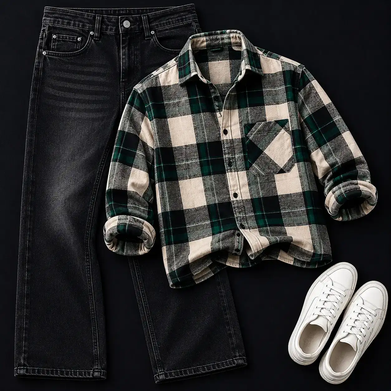 Trendy Green and Beige Plaid Flannel with Washed Black Jeans Combo
