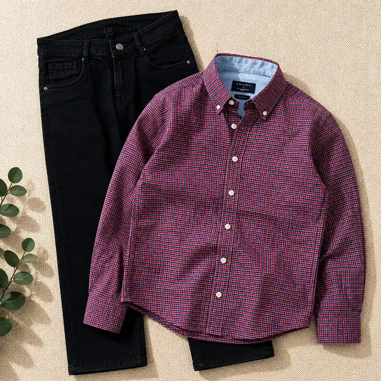 Pastel Plaid Button-Down Shirt and Khaki Trousers Ensemble - Image 5