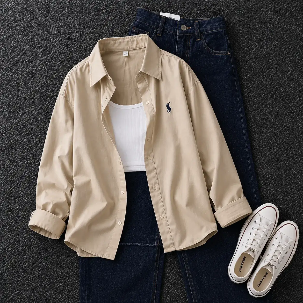 Minimalist White Button-Down Shirt and Light Wash Blue Jeans Set - Image 3
