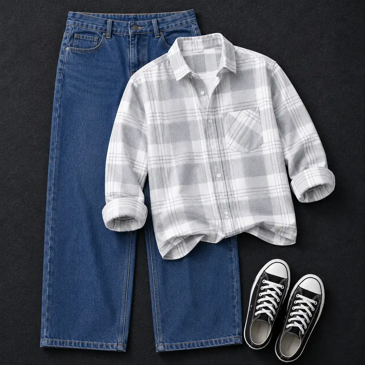 Rugged Green Checkered Flannel Shirt and Washed Black Jeans Outfit - Image 5