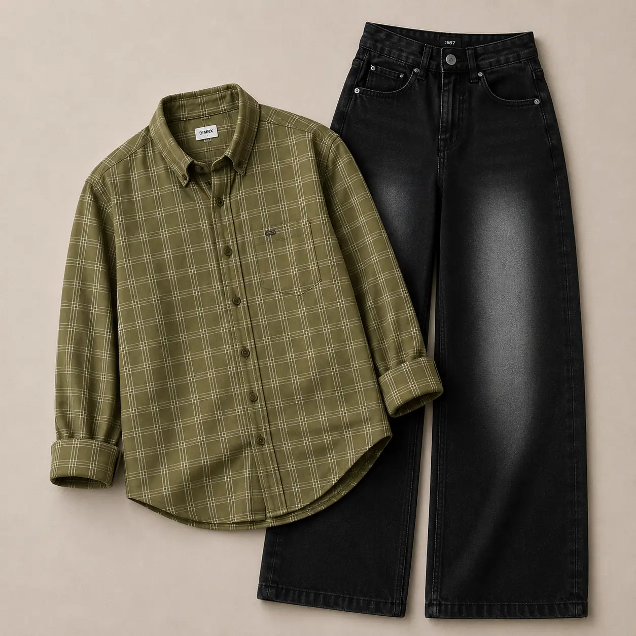 Bold Brown Checkered Overshirt and Faded Black Wide-Leg Jeans Set - Image 4