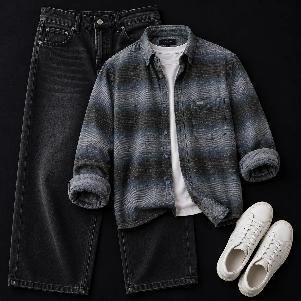 Trendy Green and Beige Plaid Flannel with Washed Black Jeans Combo - Image 5