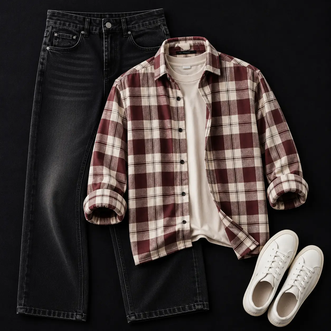 Trendy Green and Beige Plaid Flannel with Washed Black Jeans Combo - Image 2