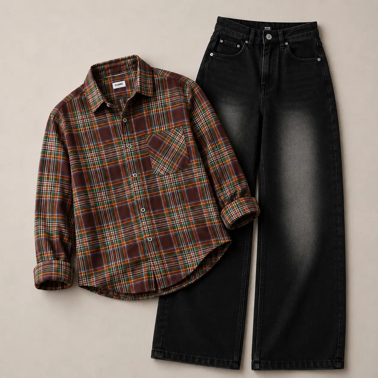 Bold Brown Checkered Overshirt and Faded Black Wide-Leg Jeans Set - Image 2