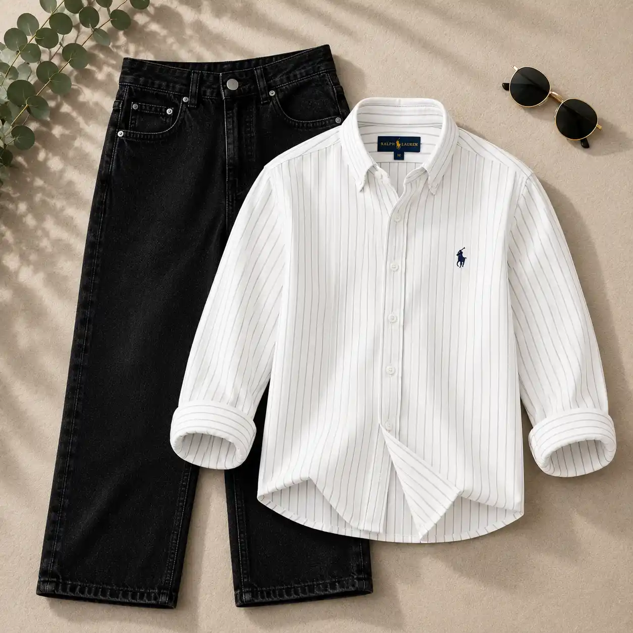 Vibrant Pink Striped Oxford Shirt and Black Jeans Combo - Image 2