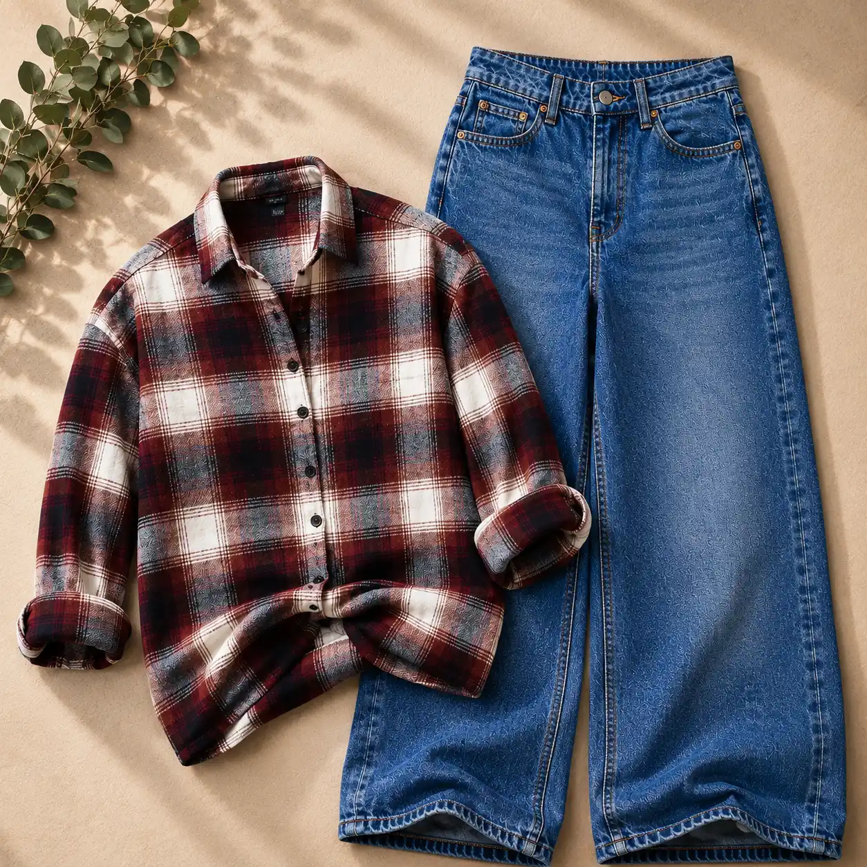 Classic Blue and White Checkered Shirt with White Denim Set - Image 2