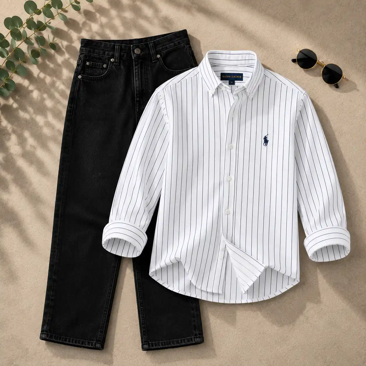 Vibrant Pink Striped Oxford Shirt and Black Jeans Combo - Image 3