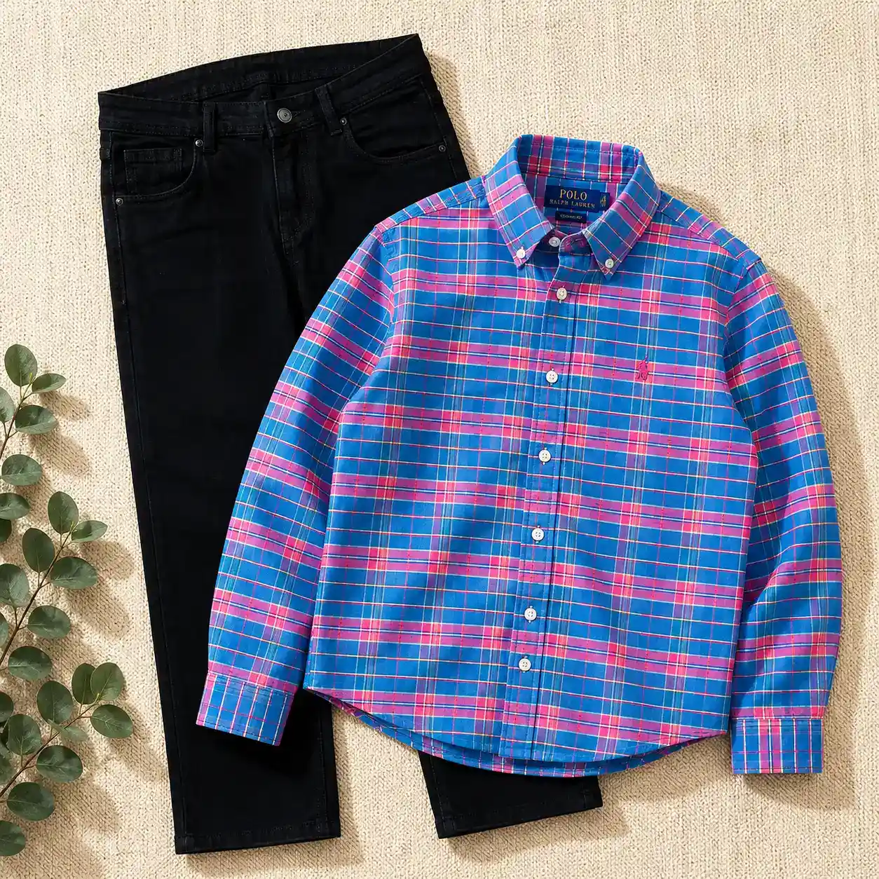 Pastel Plaid Button-Down Shirt and Khaki Trousers Ensemble - Image 2
