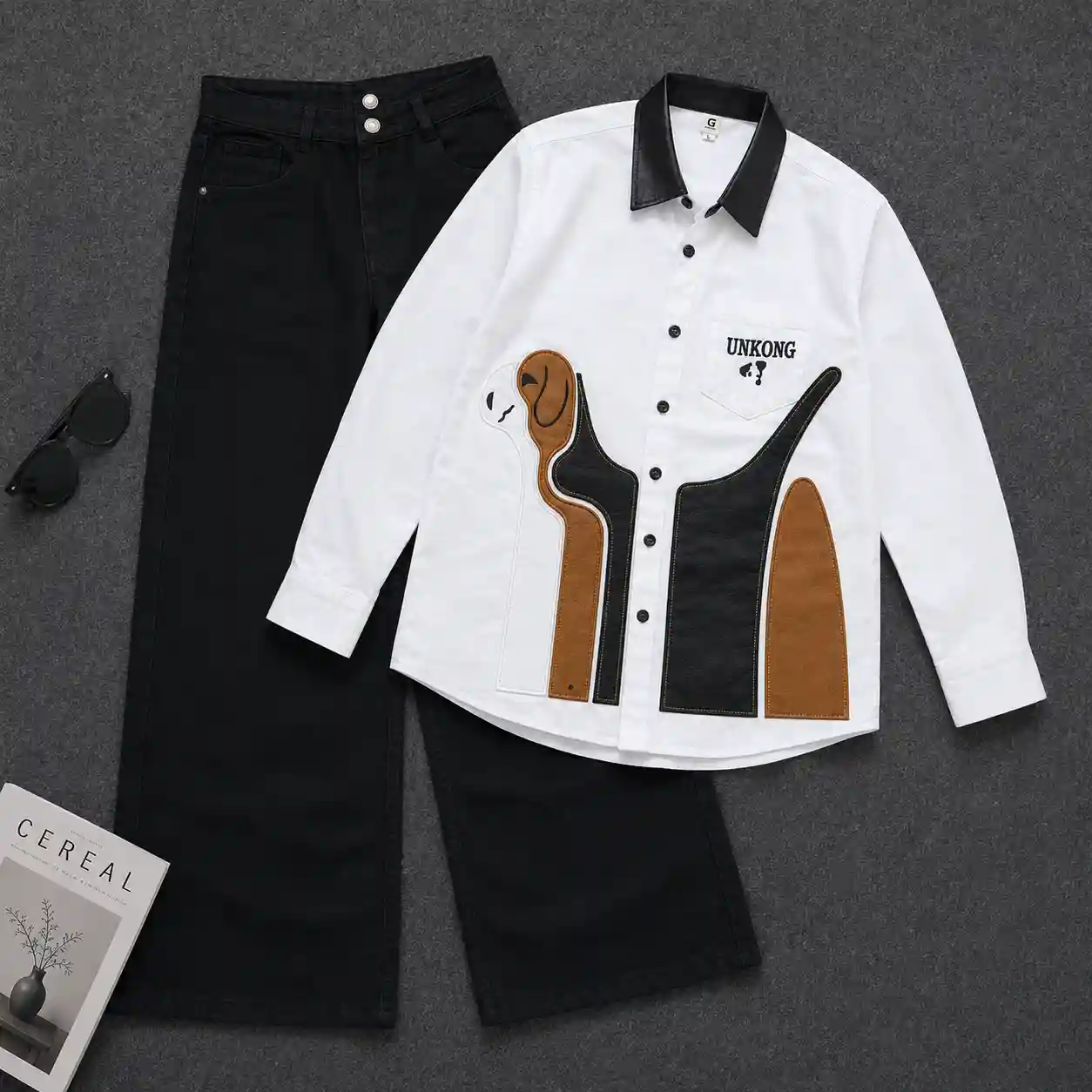 Quirky Abstract Dog Print Shirt and Cream Wide-Leg Pants Set - Image 7