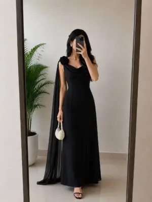 Elegant Black Cape-Sleeve Evening Gown