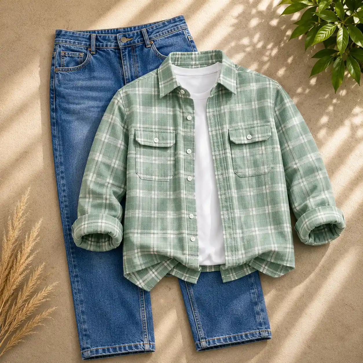 Refreshing Mint Green Shirt and Cream Trousers Co-ord Set - Image 2