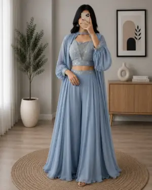 Dusty Blue Embellished Crop Top, Palazzo, and Long Jacket 3-Piece Set