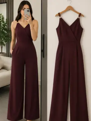 Elegant Burgundy Wide-Leg Wrap Jumpsuit