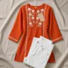 Women's Orange Embroidered Kurti with White Jeans Combo Set